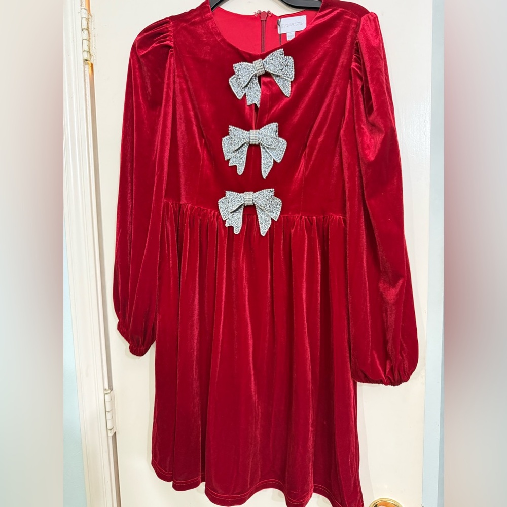 Sugarlips Red A-line Dress with Bishop Sleeves and Silver Embellishments